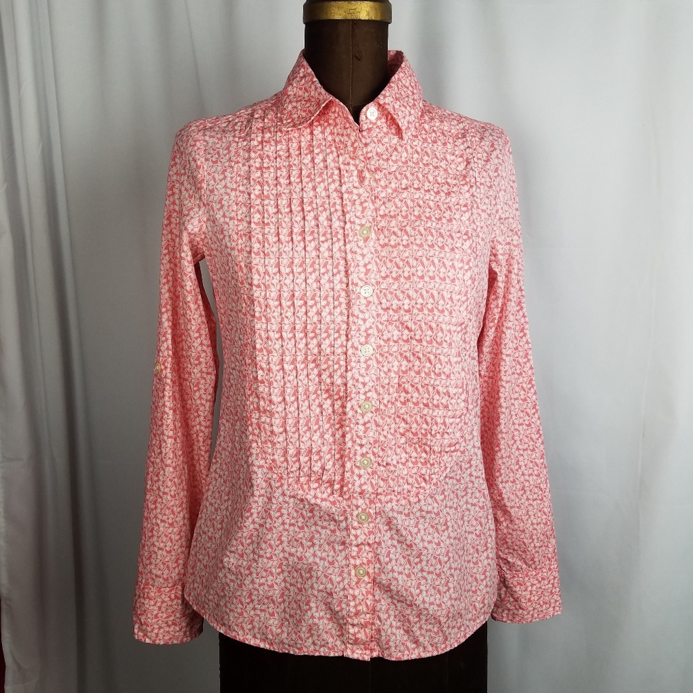 100% Cotton Pink White Roll Tab Sleeve Top Ginkgo Leaf Print Button XS Pintuck